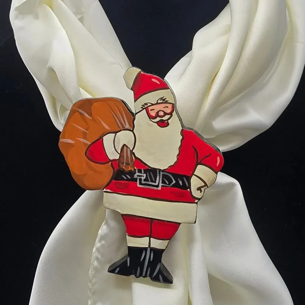 Hand‎ Painted Santa Claus Scarf Clip Slide Ring Vintage 1980s Christmas